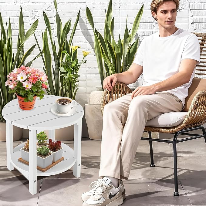 LZRS Round Adirondack Side Table Double End Table, Outdoor Side Tables for Patio, Backyard, Pool, Indoor Companion - Photo 2