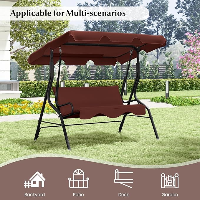 RELAX4LIFE 3-Person Porch Swing Chair - Outdoor Swing w/Adjustable Canopy, Removable Cushion & Metal Frame Stand - Photo 9