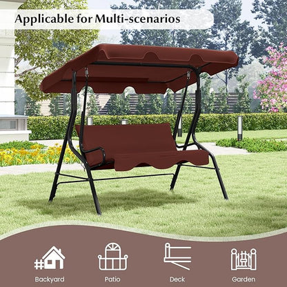RELAX4LIFE 3-Person Porch Swing Chair - Outdoor Swing w/Adjustable Canopy, Removable Cushion & Metal Frame Stand, 3 Seat Swing Bench for Backyard Garden Poolside, Patio Swing for Adults (Brown)