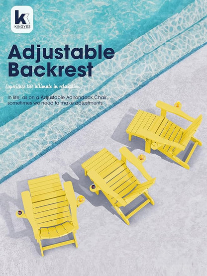 KINGYES Folding Adjustable Adirondack Chair with Ottoman & 2 Cup Holders, HDPE Adirondack Recliner Chair with Footrest, Yellow