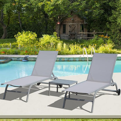 Domi Pool Lounge Chairs Set of 3, Adjustable Aluminum Outdoor Chaise Lounge with Wheels Patio Lounge Chairs with Side Table, All Weather for Deck Lawn Poolside Backyard-Gray Textilene
