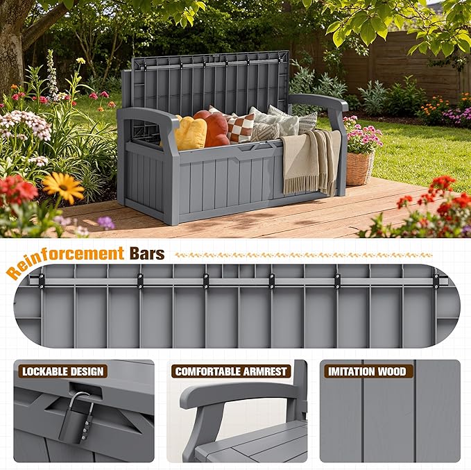 JUMMICO 80 Gallon Resin Outdoor Storage Bench with Cushion, Large Deck Box with Armrest, Lockable&Waterproof for Garden, Home, Patio, Pools (Grey, 80 Gallon)