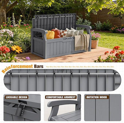 JUMMICO 80 Gallon Resin Outdoor Storage Bench with Cushion, Large Deck Box with Armrest, Lockable&Waterproof for Garden, Home, Patio, Pools (Grey, 80 Gallon)