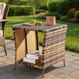 Outdoor PE Wicker Side Table with Storage, Patio Rattan End Table Square Glass Top Table for Furniture Gardening Tools - Photo 2