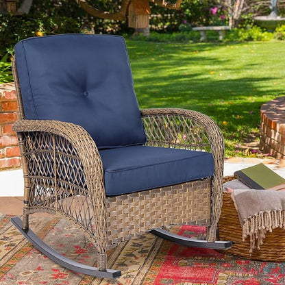 MEETWARM Outdoor Wicker Rocking Chair, Rattan Patio Rocker Chairs with Cushions and High Back, All-Weather Patio Wicker Chair with Safe Rocking Design for Garden Backyard Porch, Brown/Navy Blue