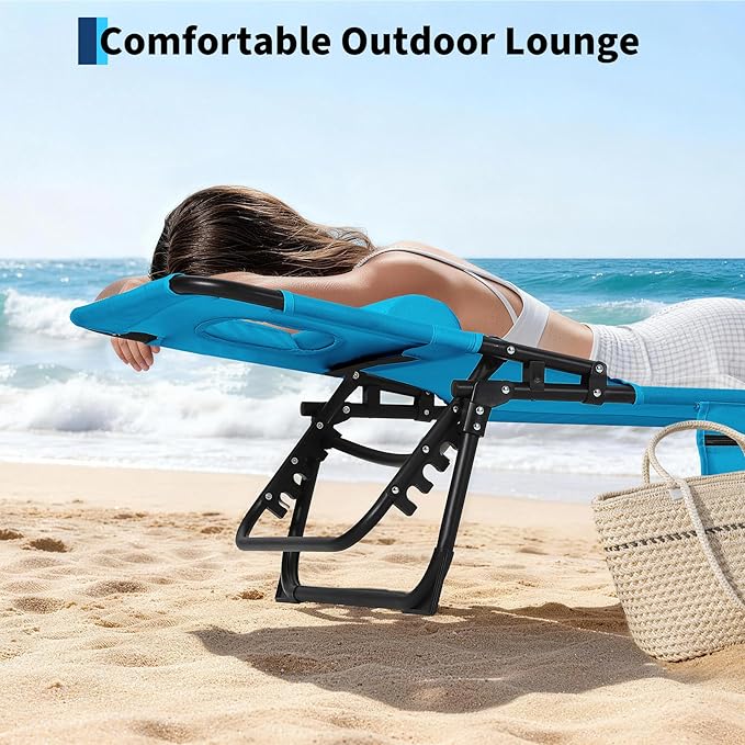 Tanning Chair with Face Hole Folding Beach Lounge Chair,5-Position Adjustable Backrest, Pillow & Side Pocket,Portable Face Down Chaise Lounge for Outdoor Backyard Poolside,Beach, Patio,Blue