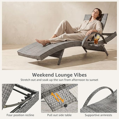 Set of 2 Gray Outdoor Chaise Lounge Chairs, Wicker Patio Lounge Chairs with Adjustable Backrest and Armrests, Durable PE Rattan Pool Chair for Patio, Poolside and Garden