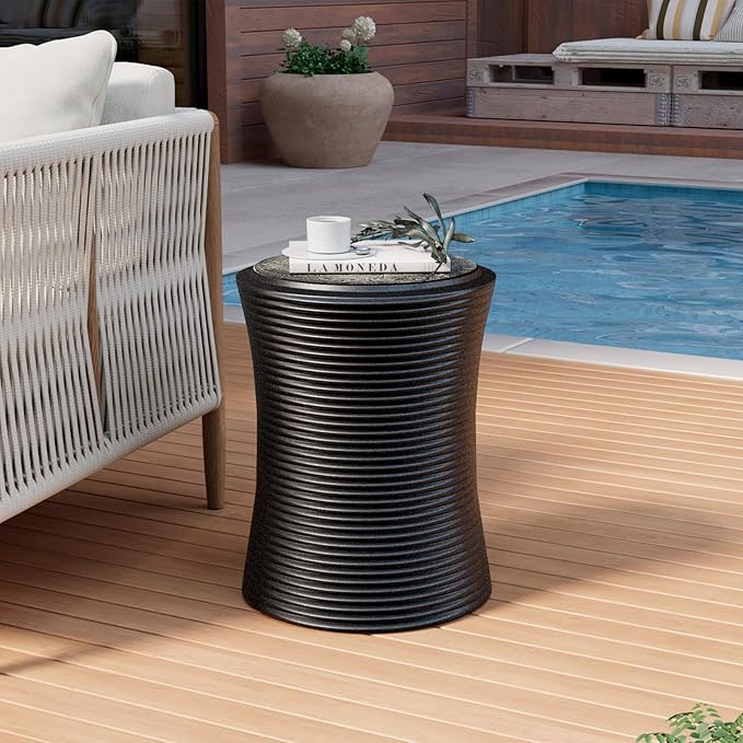COSIEST Set of 2 Outdoor Side Table Black, Round MgO Concrete Side Table, Lightweight Outdoor Accent Table with Faux Natural Slate Rock, Cylinder Patio Table Top Plant Stand for Garden and Deck
