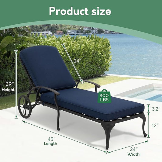 Chaise Lounge Chair Outdoor- Patio Pool Chairs Tanning Lounges for Outside Beach Lounger Cast Aluminum Set of 2 Reclining Navy Blue with Side Table