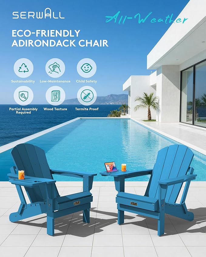 SERWALL Folding Adirondack Chair Set of 2, Outdoor Adirondack Chairs with 4 in 1 Cup Holder, Wood Texture Patio Chairs, Weather Resistant Fire Pit Chairs for Patio Deck Garden, Backyard - Navy Blue