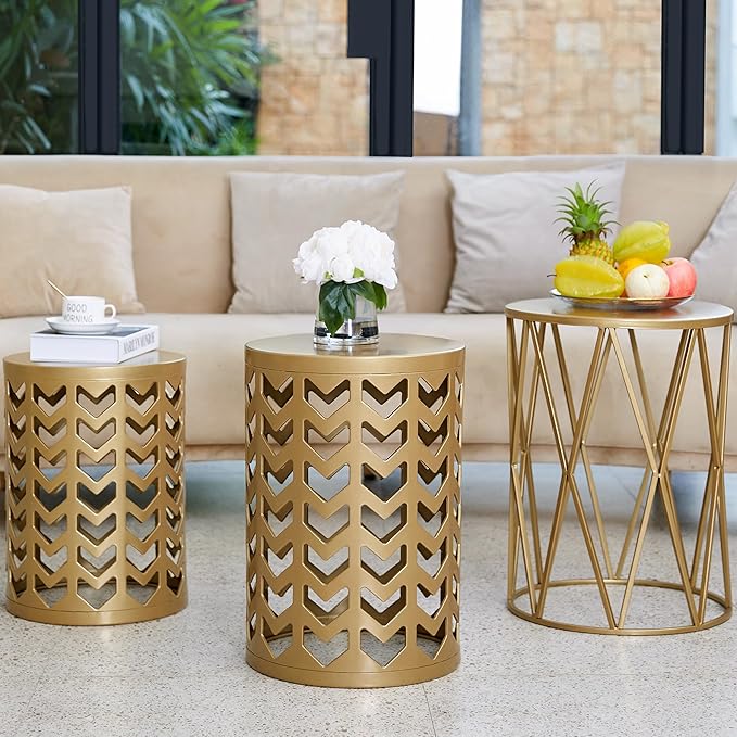Y&M Set of 3 Gold End Tables, Nesting Metal Round Coffee Table, Heavy Duty Metal Plant Stand Garden Stool - Photo 7