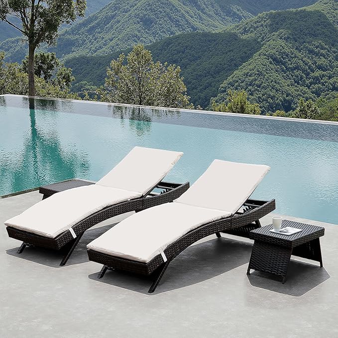 Patio Chaise Lounge 2 Foldable Chairs with Detachable Cushions + 2 Tables, Outdoor Rattan Adjustable Back Folding Chaise Lounges and Coffee Table, Sunbathing Recliners and Side Table