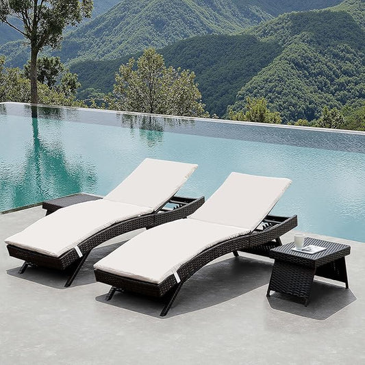 Patio Chaise Lounge 2 Foldable Chairs with Detachable Cushions + 2 Tables, Outdoor Rattan Adjustable Back Folding Chaise Lounges and Coffee Table, Sunbathing Recliners and Side Table