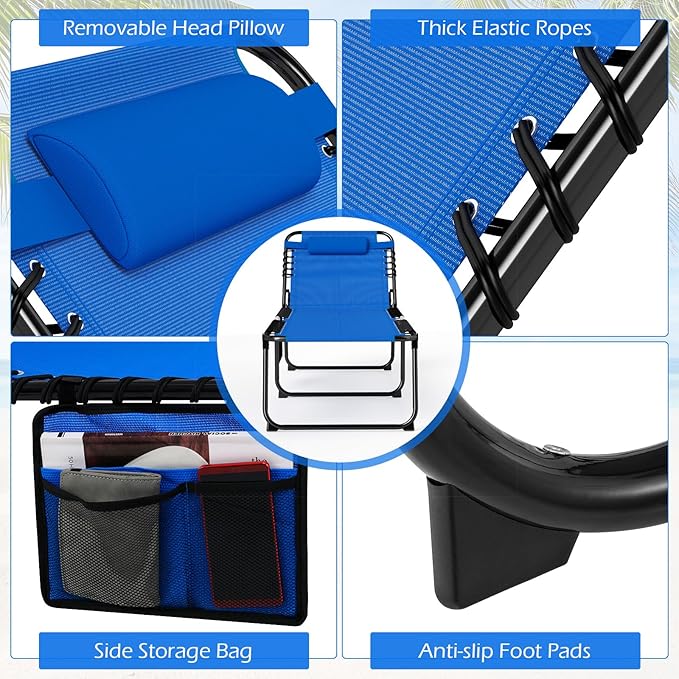 Giantex 2-Pack Lounge Chair Outdoor, Folding Tanning Chair with 4 Adjustable Positions, Removable Headrest, Footrest, Side Pocket, 440 Lbs Portable Recliner for Lawn, Yard, Beach, Sunbathing, Navy