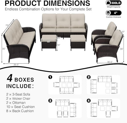 Joyside Wicker Patio Furniture Set, 6 Piece Outdoor Furniture Set with Thickened Cushions, High Back, Deep Seating, Wide Armrest, Rattan Outdoor Chairs for Porch, Deck