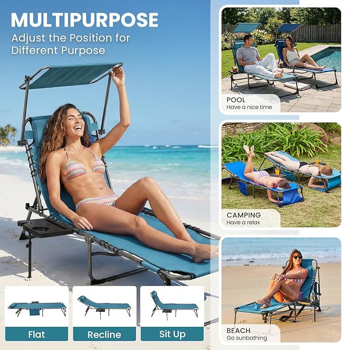 FUNDANGO Heavy Duty Tanning Chair with Face Hole & Canopy, 400lbs Beach Lounge Chair with Side Table, 5-Position Sun Lounger for Outdoor Patio Pool-Face Down Chaise with Anti-Pinch Safety Lock,Cyan