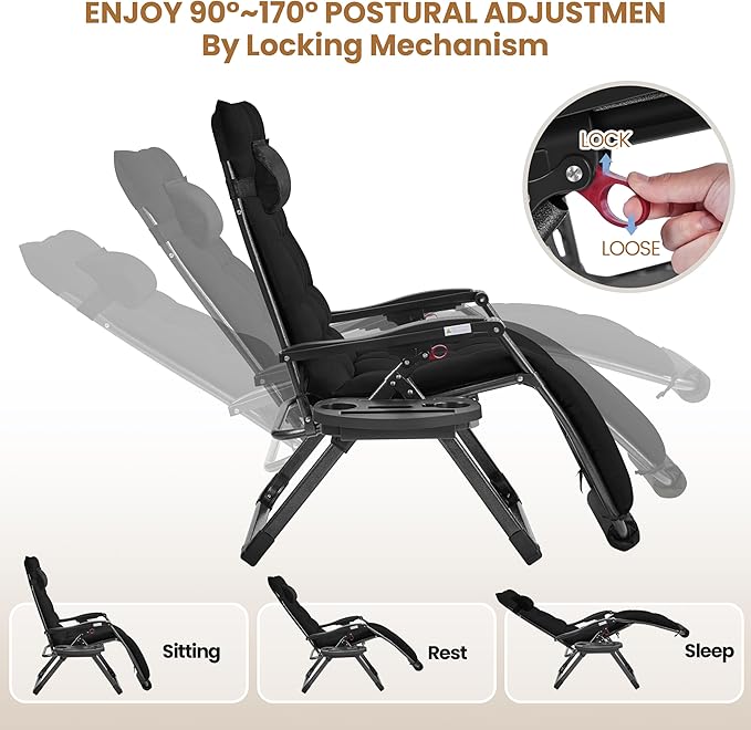 Yaheetech 29" Zero Gravity Chair Folding Reclining Lounge Recliner with Removable Pad & Headrest & Side Cup Holder Tray for Indoor and Outdoor Black/1