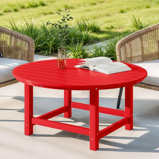Costaelm Patio Conversation Table, Tatio Accent HDPE Outdoor Weather Resistant, Round Outdoor Porch Balcony Patio Drink Table for Outside, Pool, Backyard, Red