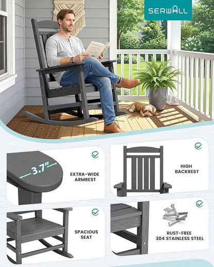 SERWALL Outdoor Rocking Chair Set of 4, HDPE Patio Rocking Chair, All-Weather Porch Rocker for Balcony, Yard, Dark Gray