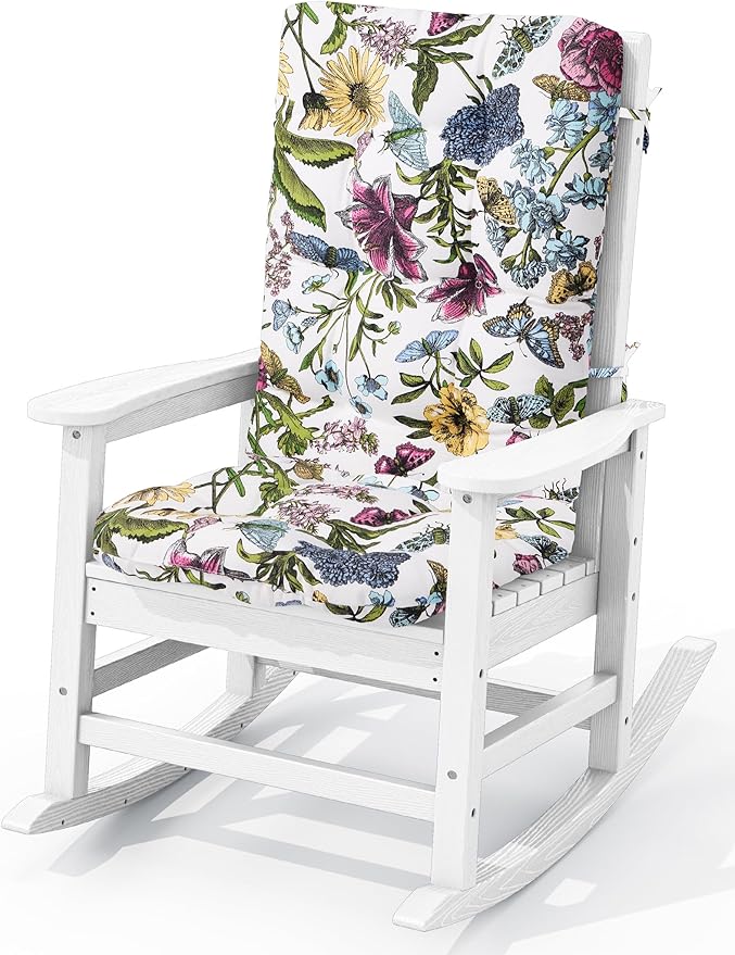 KINGYES Oversized Outdoor Rocking Chair with Cushion, All-Weather Patio Rocking Chairs, HDPE Porch Rocker for Adults, 350 lbs Capacity, White Chair with Flower Cushion