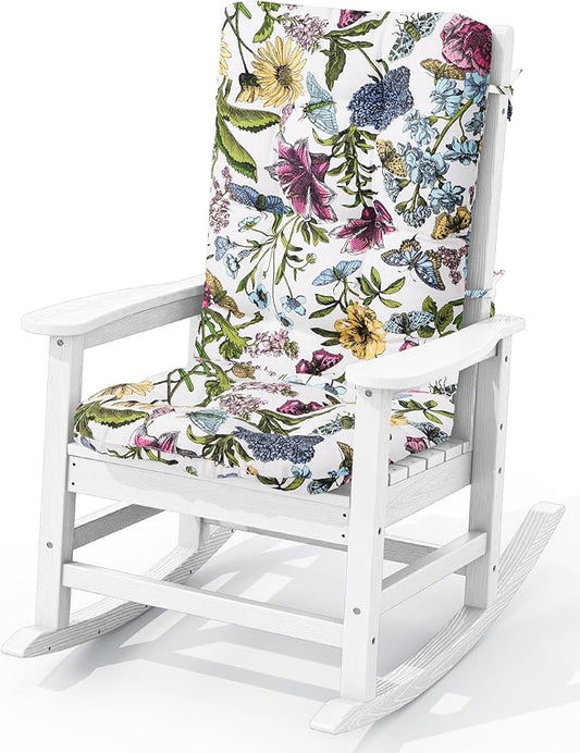 KINGYES Oversized Outdoor Rocking Chair with Cushion, All-Weather Patio Rocking Chairs, HDPE Porch Rocker for Adults, 350 lbs Capacity, White Chair with Flower Cushion