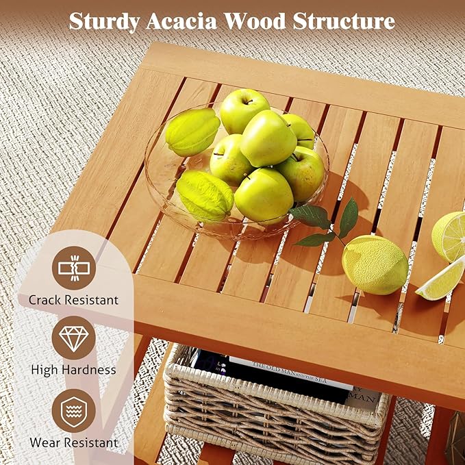 RELAX4LIFE 2-Tier Outdoor Coffee Table - Acacia Wood Rectangular Patio Center Table w/Slatted Tabletop & Storage Shelf - Photo 4