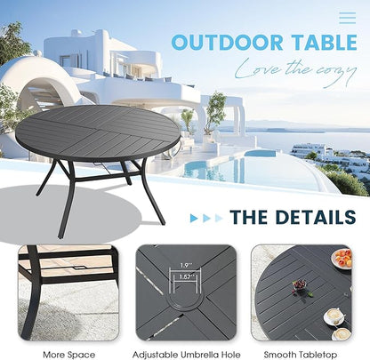 Patio Dining Table for 6-8, Round Metal Outdoor Table with Storage Shelf, 1.57" Umbrella Hole, 53" Outdoor Quartered Tabletop Dining Table for Backyard, Porch, Lawn, Black