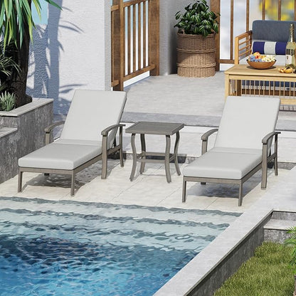Chaise Lounge Chair Outdoor - 3 Piece Patio Aluminum Chaise Lounge Chair Set with Side Table, Removable Cushion and Adjustable Reclining Positions for Outdoor Poolside Backyard