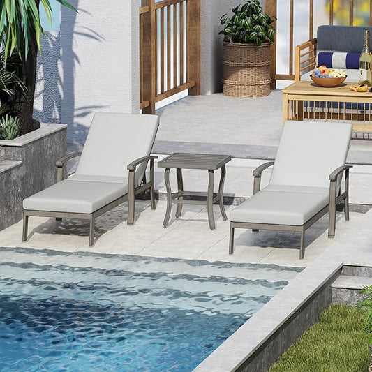 Chaise Lounge Chair Outdoor - 3 Piece Patio Aluminum Chaise Lounge Chair Set with Side Table, Removable Cushion and Adjustable Reclining Positions for Outdoor Poolside Backyard