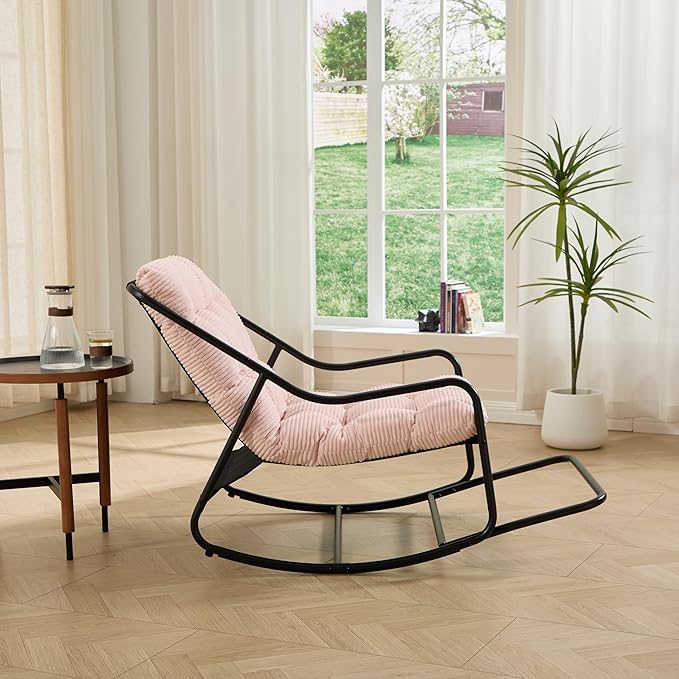 Pink Rocking Chair with Foot Rest, Outdoor Indoor Rocking Lounge Chair with Cushion, Comfortable Patio Rocker Chairs for Patio, Porch, Garden, Living Room, Reading, Metal Frame