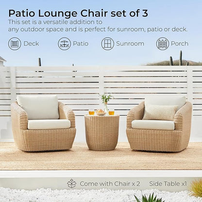 CHITA 3 Pieces Patio Wicker Furniture Set, Outdoor Rattan Bistro Set with Removable Thickened Cushions, Fully Assembled(Beige Cushions with Light Brown Wicker)