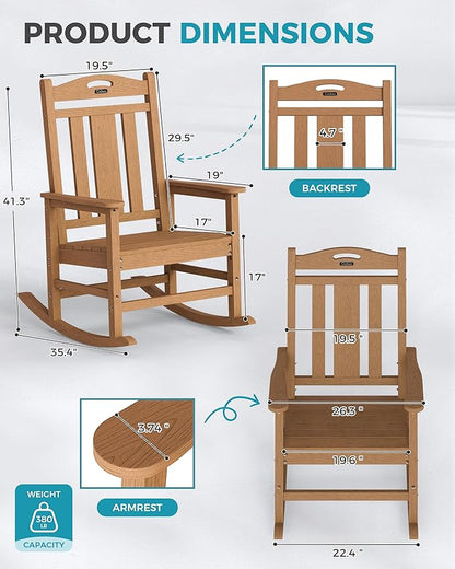 Ciokea Oversized Outdoor Rocking Chairs Set of 2, 380lbs Heavy-Duty Large Patio Rocker, High Back Cozy Porch Chairs, Weather Resistant Patio Rocking Chairs for Outside, Fire Pit, Deck, Teak