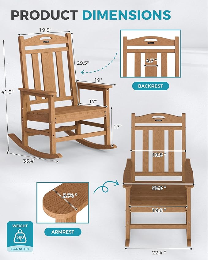 Ciokea Oversized Outdoor Rocking Chair, 380lbs Heavy-Duty Large Patio Rocker, Weather Resistant & Anti-Fade Porch Chair, High Back Cozy Rocking Chair for Outside, Fire Pit, Deck, Garden, Teak
