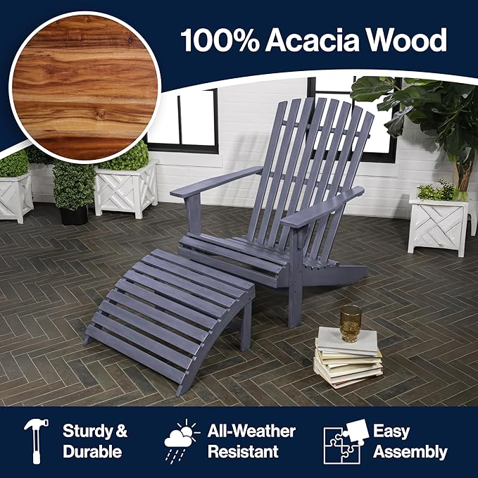 JONATHAN Y ADK1000E Saranac 2-Piece Traditional Rustic Acacia Wood Adirondack Chair with Detachable Ottoman Classic, Coastal, Cottage, Vintage, Farmhouse, Cashmere Blue