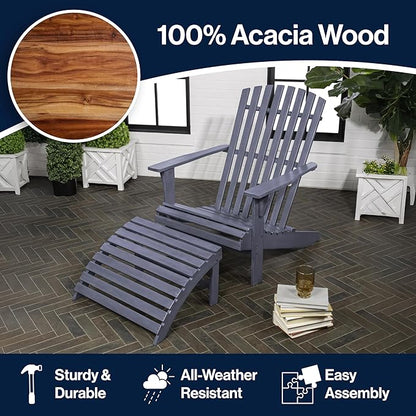 JONATHAN Y ADK1000E Saranac 2-Piece Traditional Rustic Acacia Wood Adirondack Chair with Detachable Ottoman Classic, Coastal, Cottage, Vintage, Farmhouse, Cashmere Blue