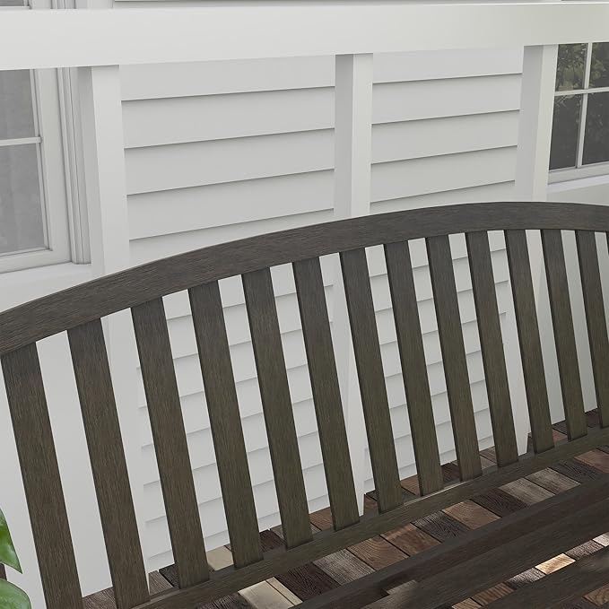 46" Outdoor Garden Bench, Metal Bench, Wood Look Slatted Frame Furniture for Patio, Park, Porch, Lawn, Yard, Deck, Brown