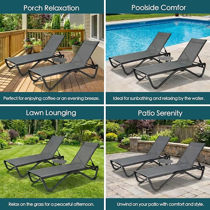 Kozyard Outdoor Chaise Lounge Chair, Full Aluminum Frame and Textilene Fabric, Adjustable Reclining Patio Lounger for Poolside, Sunbathing & Backyard (Gray, Chair)
