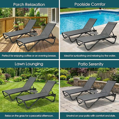 Kozyard Outdoor Chaise Lounge Chair, Full Aluminum Frame and Textilene Fabric, Adjustable Reclining Patio Lounger for Poolside, Sunbathing & Backyard (Gray, 2Chairs with Table)
