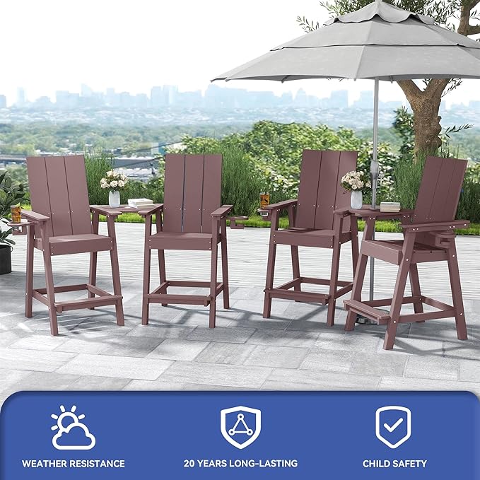 FOOWIN Tall Adirondack Chairs Set of 8,HDPE Adirondack Bar Stools with Connecting Tray & Cup Holders,Weather Resistant Balcony Chair for Outdoor Deck Lawn Pool Backyard Coffee