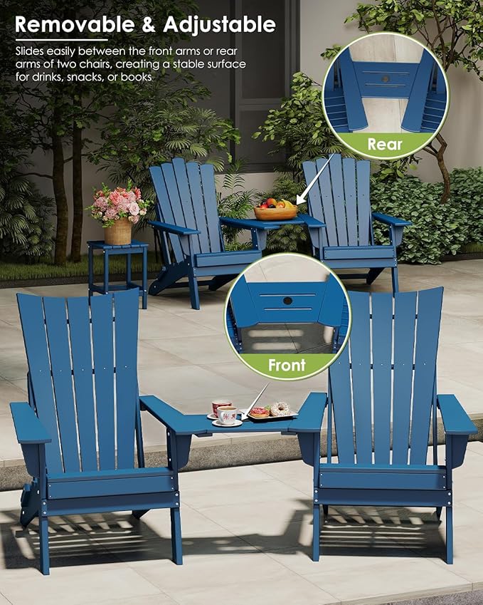 GREENVINES Folding-Adirondack-Chairs-Set-of-2 | HDPE Plastic | Arch Series | Fire Pit Chair | with Connecting Tray | Removable Table | All Weather | for Outdoor Patio Deck Poolside | Blue