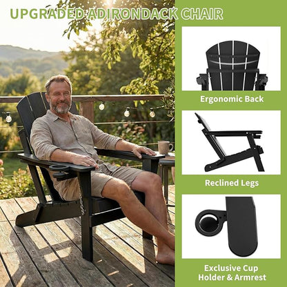 Folding Adirondack Chairs, Plastic Outdoor Patio Chairs with Cup Holder, Wood-Textured with Large Seat for Poolside Backyard Lawn, Black