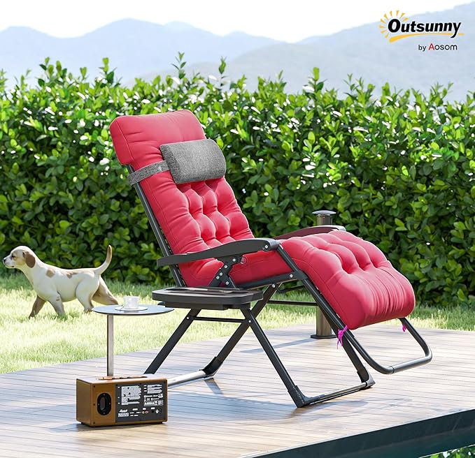 Outsunny Zero Gravity Chair, Folding Reclining Lounge Chair with Padded Cushion, Side Tray for Indoor and Outdoor, Supports up to 264 lbs, Red