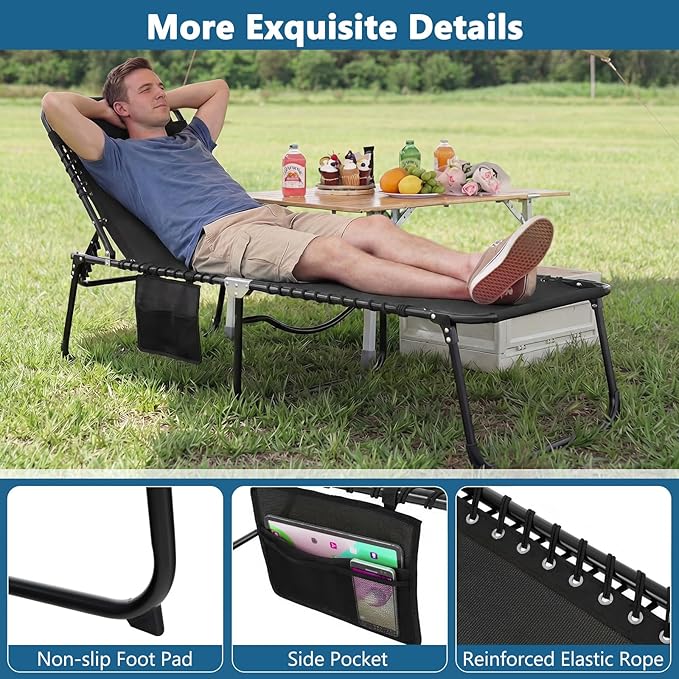 Giantex Patio Lounge Chairs for Outside - Set of 2 Folding Tanning Chair w/Headrest, 4 Adjustable Positions, Side Pocket, Outdoor Chaise Lounge for Camping, Pool, Sunbathing Beach Chair, Black