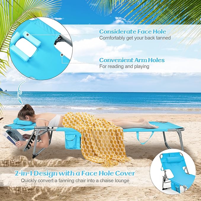 GYMAX Tanning Chair, Folding Lounger with Face/Arm Holes, Carry Handles & Side Pocket - Photo 6