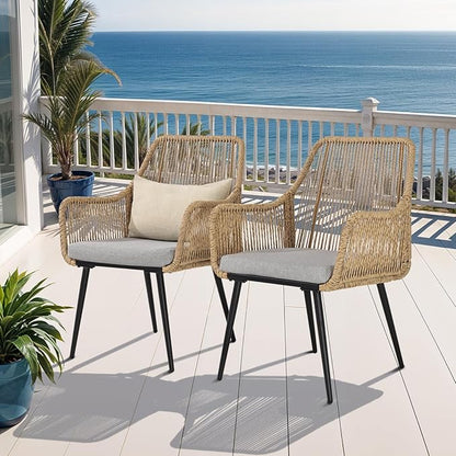 Patio Dining Chairs, Outdoor Dining Chairs with Armrest and Cushion Set of 6, Woven Twisted Wicker Rattan Chair, Modern Indoor Outdoor Seating for Garden, Lawn, Backyard, Natural