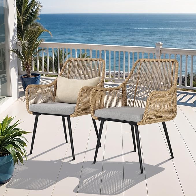 Patio Dining Chairs, Outdoor Dining Chairs with Armrest & Cushion Set of 2, All-Weather Woven Twisted Wicker Rattan Chair, Modern Indoor Outdoor Seating for Garden Lawn Backyard Natural