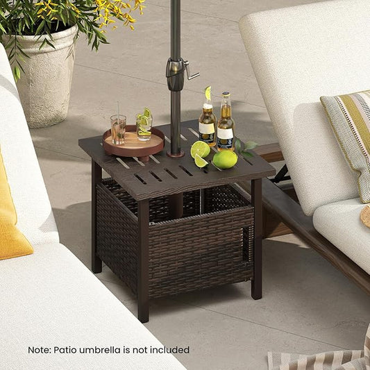 Tangkula Outdoor Table with Hole, Patio Umbrella Table with 2 Sand Bags, 1.93" Umbrella Hole, Metal Frame, PE Wicker, Outdoor Side Table for Garden, Deck and Poolside