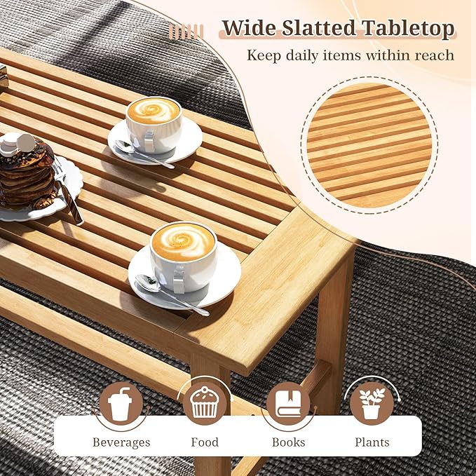 Giantex Teak Wood Patio Coffee Table - 36” Rectangular Outside Side Table with Slatted Tabletop, Solid Center Table, Outdoor Cocktail Table for Deck, Backyard, Garden, Poolside, Balcony, Natural