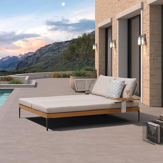 PURPLE LEAF Outdoor Daybed Patio Loveseat Sofa 2-Person Aluminum Chaise Lounge Cushioned Furniture Set with Tray and Wicker Armrest for Pool Garden Backyard Porch, Pillows Included