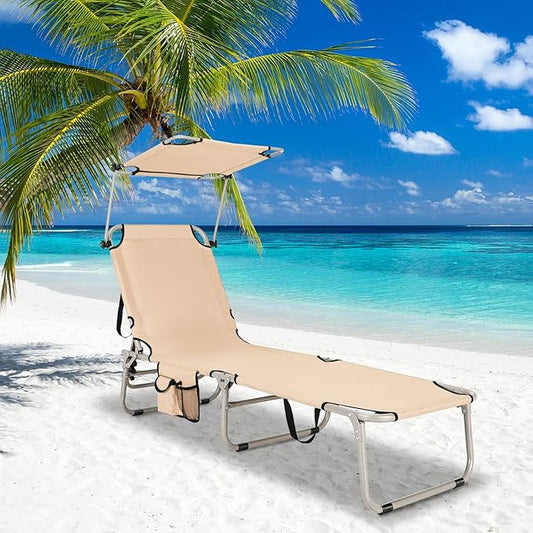 Tangkula Outdoor Folding Chaise Lounge Chair, 5-Fold Reclining Beach Chair, Patio Recliner Chair w/ 360° Canopy Shade & Side Storage Pocket, Portable Chaise Lounge for Beach, Sunbathing (2, Beige)